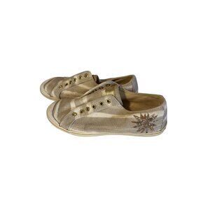 Coach tan and white slip on stripes beaded sun sneakers size 8.5 B